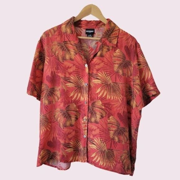 Vintage NOTATIONS 100% Silk Button Down Size 18W Hawaiian Leaves Aloha Tiki Plus - Picture 6 of 7
